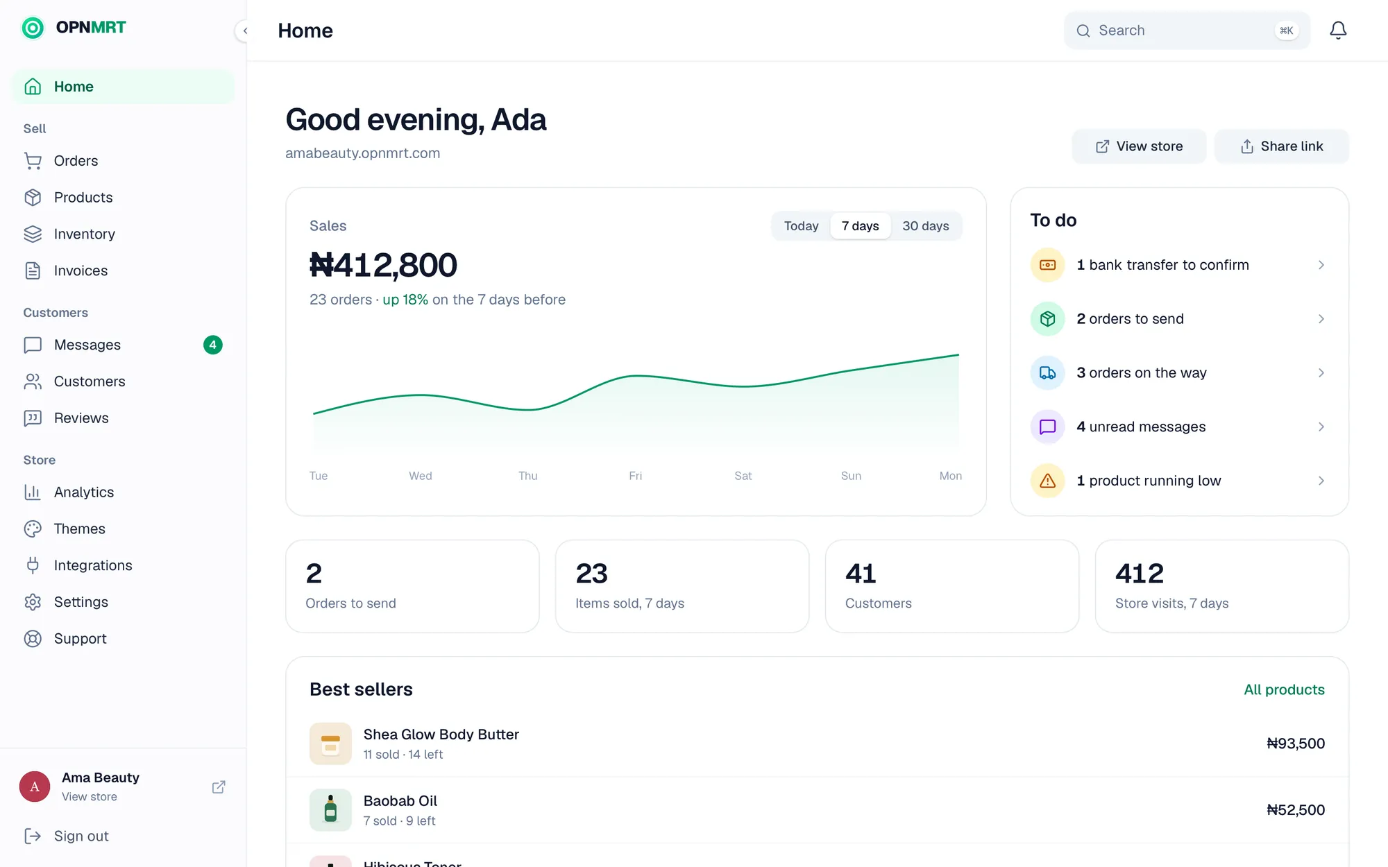 The OPNMRT dashboard on a laptop, showing sales, a to do list and best sellers