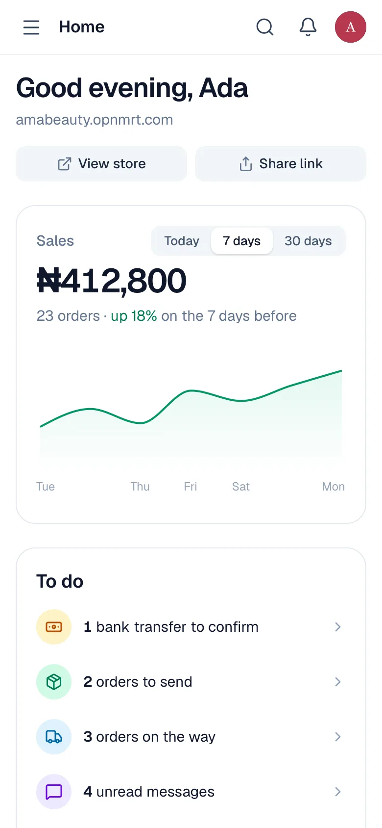 The OPNMRT home screen showing ₦412,800 in sales this week and a sales chart