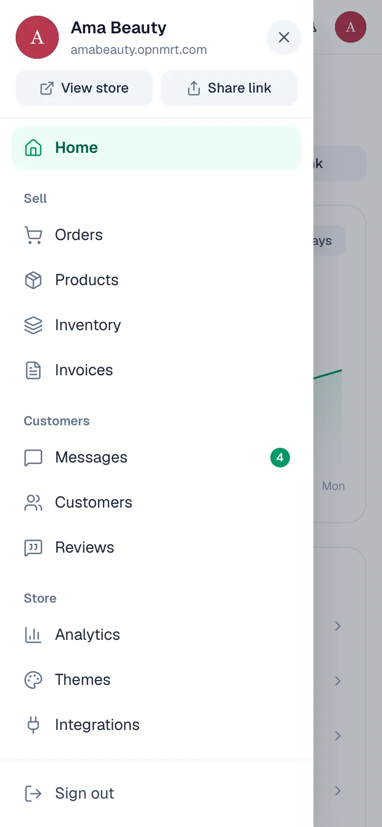 The menu with View store and Share link buttons