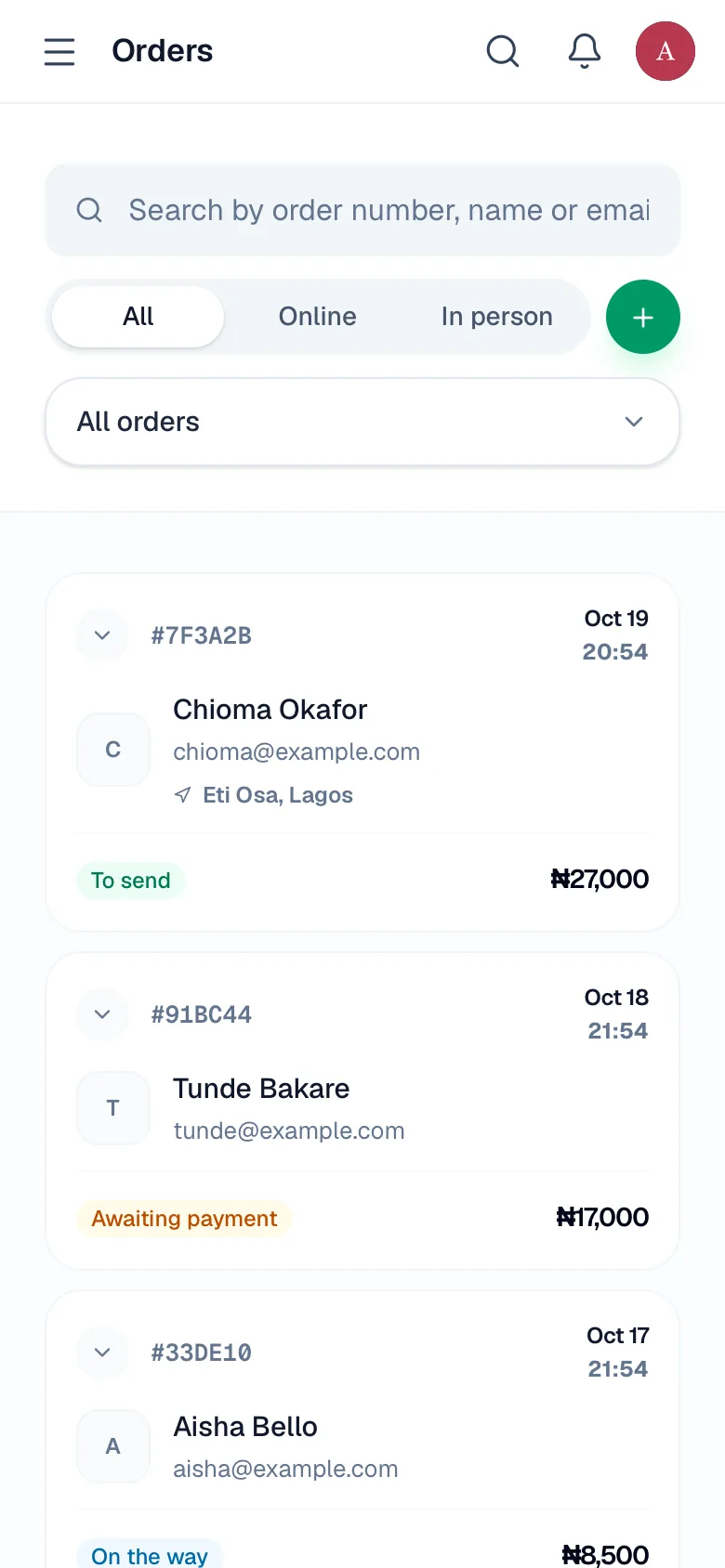 The orders screen with orders to send, awaiting payment and on the way